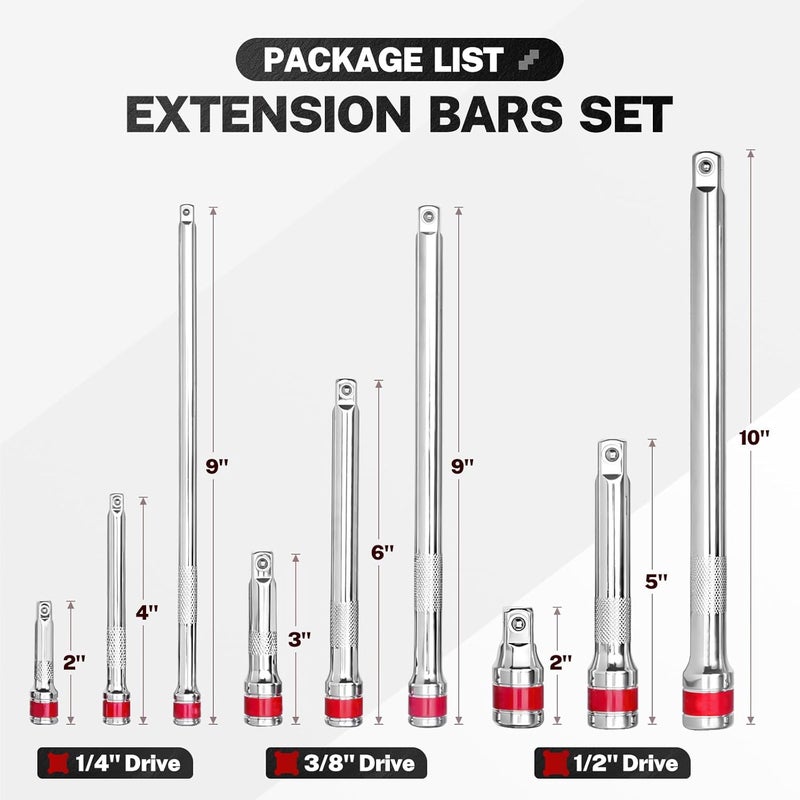 BILITOOLS 9 PCS Ratchet Extension Set, 1/4" 3/8" 1/2" Drive Extension Set, CR-V Steel with Mirror Chrome Plating, EVA-Foam Tray - Image 2